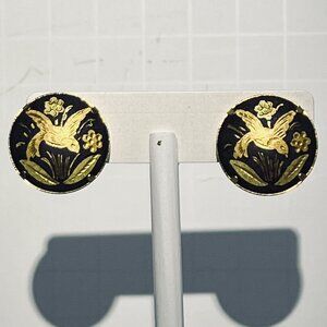 Damascene Round Gold Tone & Black Enamel Clip On Earrings With Flying Bird (5864